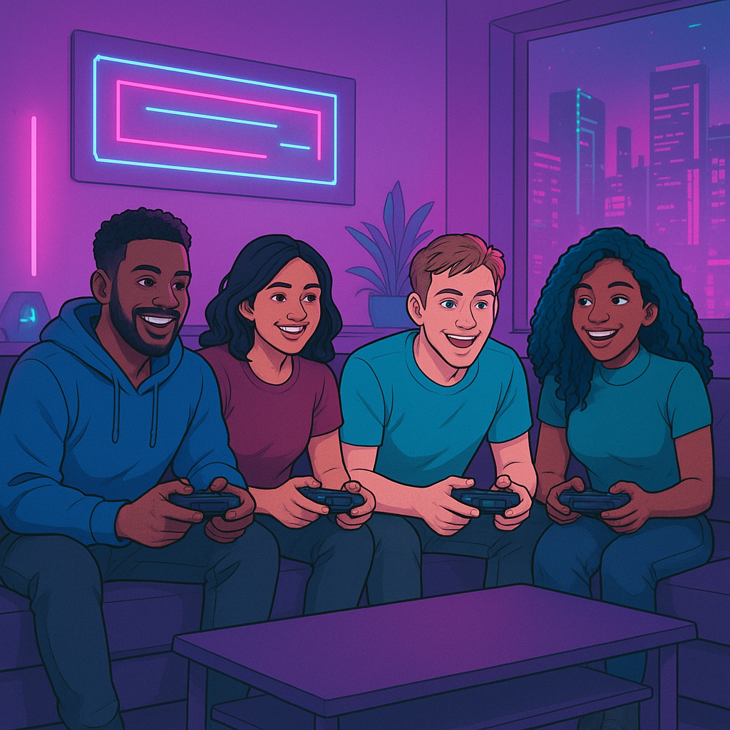 Group playing couch co-op in cyberpunk living room